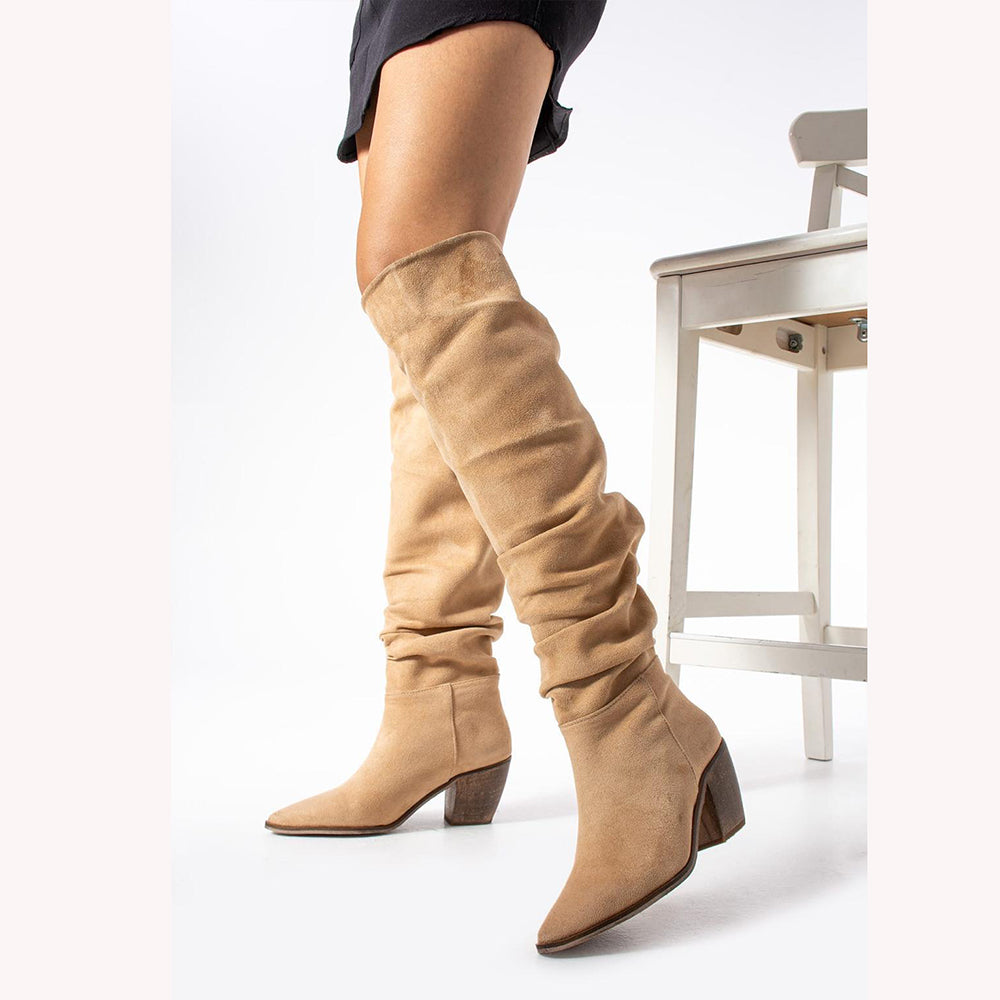 Beige slouchy over the knee boots, outfit view