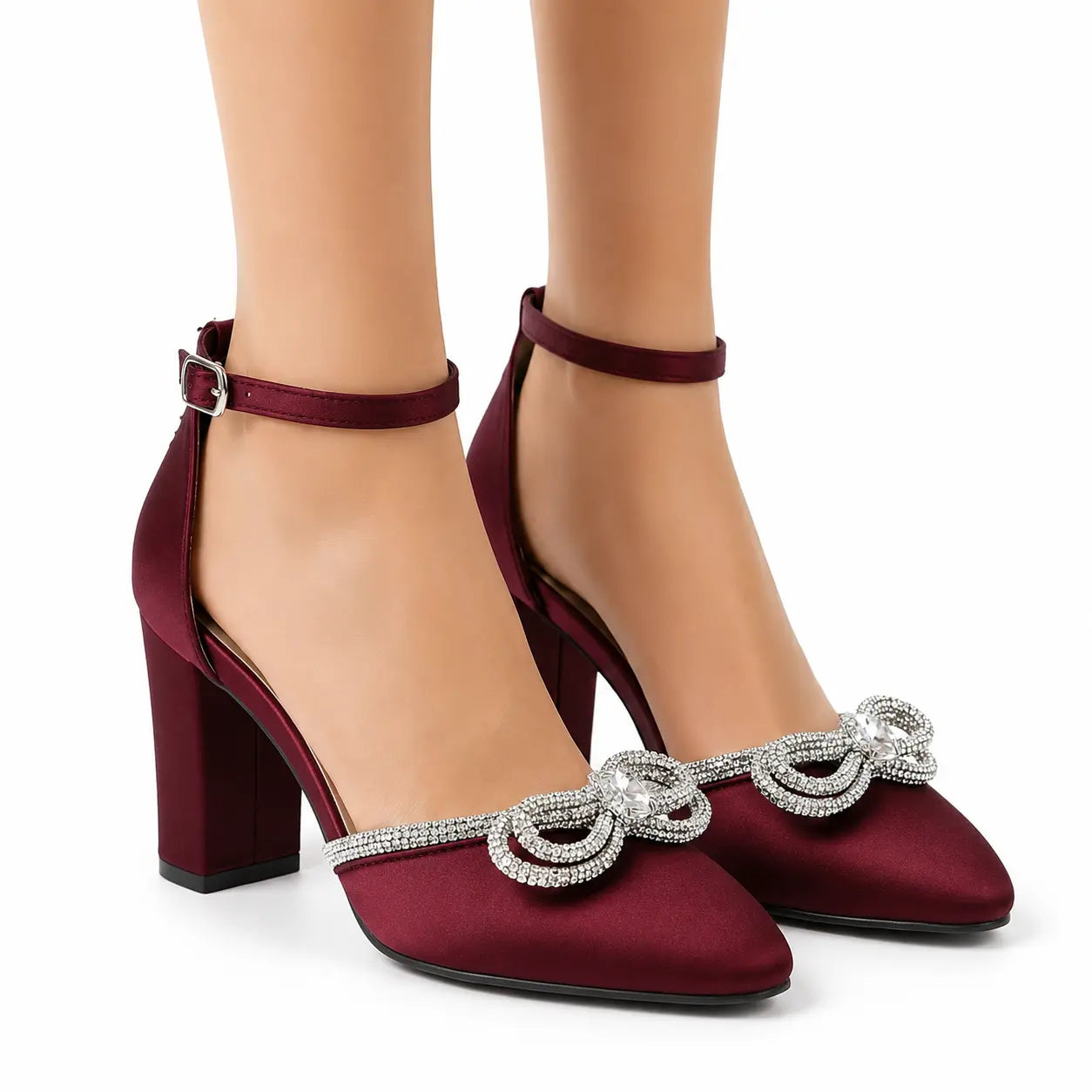 Bordo Fiyonk Taşlı Kalın Topuk Abiye Ayakkabı RA-032