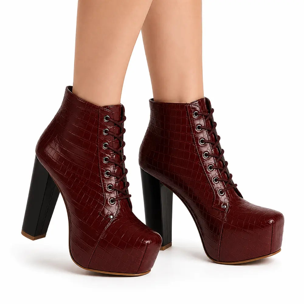 Bordo Krokodil Platform Topuklu Bağcıklı Bot RA-010