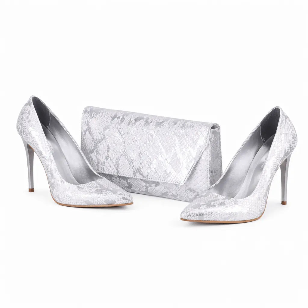 Silver Snake Print Stiletto Heel Shoes and Bags RC-021