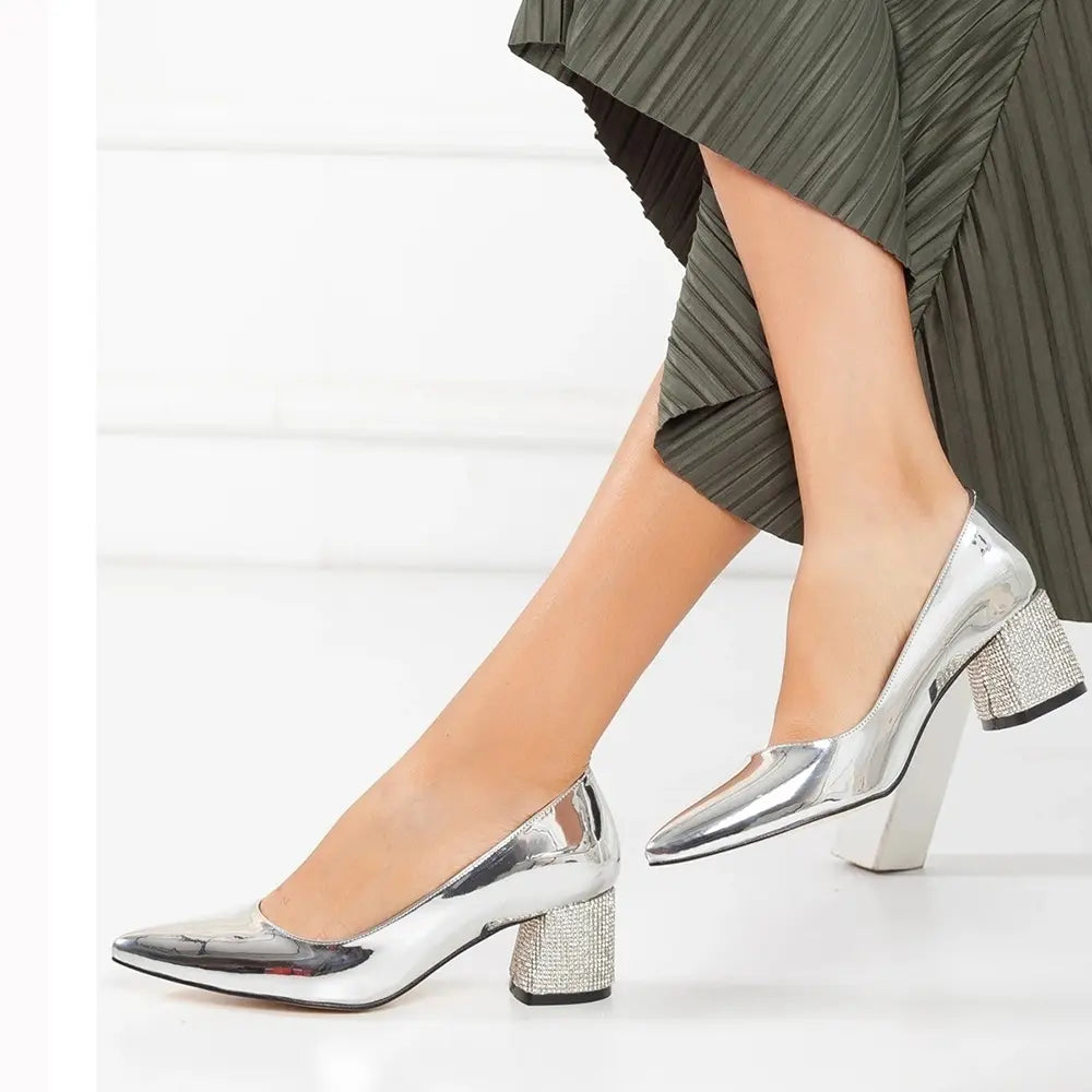 Gümüş Taş Detaylı Kalın Topuk Abiye Ayakkabı MA-048