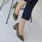 Khaki Green Suede Low Heels Shoes RA-162