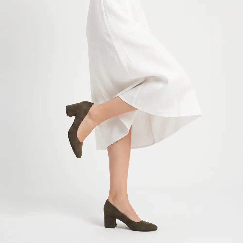 Khaki Green Suede Low Heels Shoes RA-162