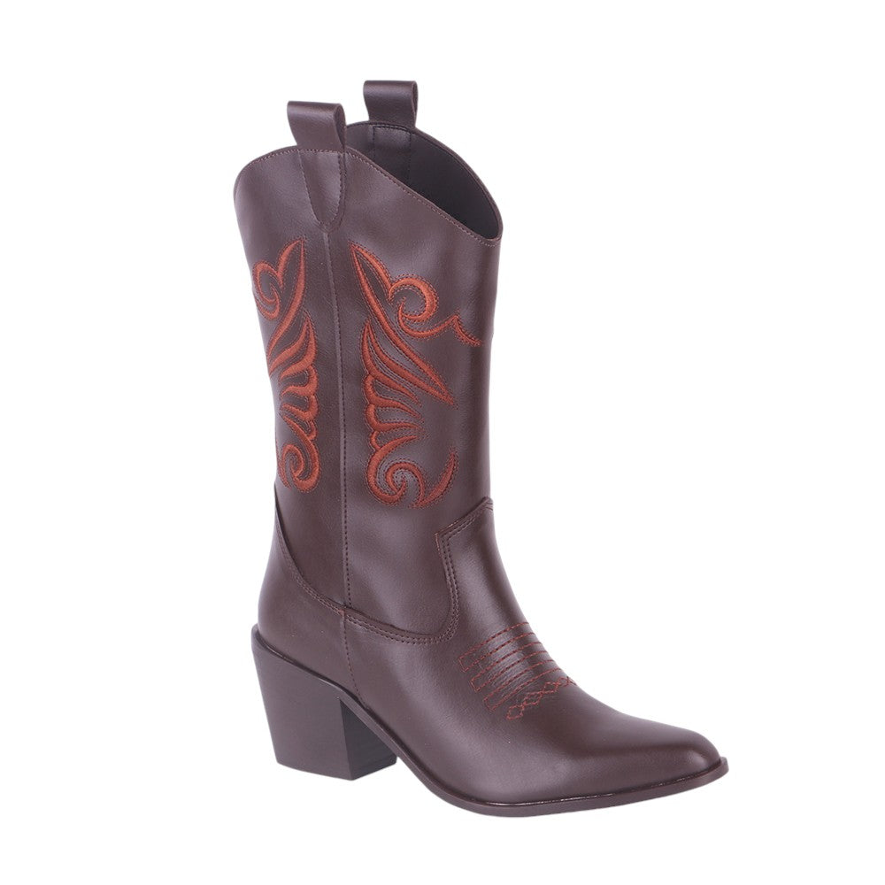 Brown embroidered cowboy boots, side view
