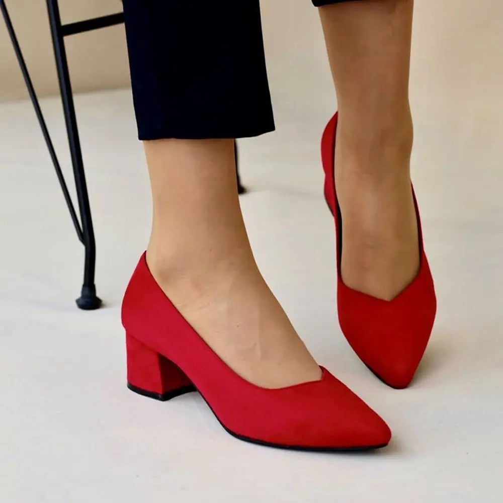 Red Suede Low Heels Shoes RA-162