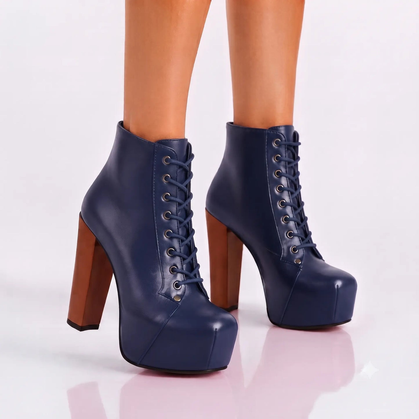Dunkelblaue Plateau-Stiefel mit Schnürung RA-010