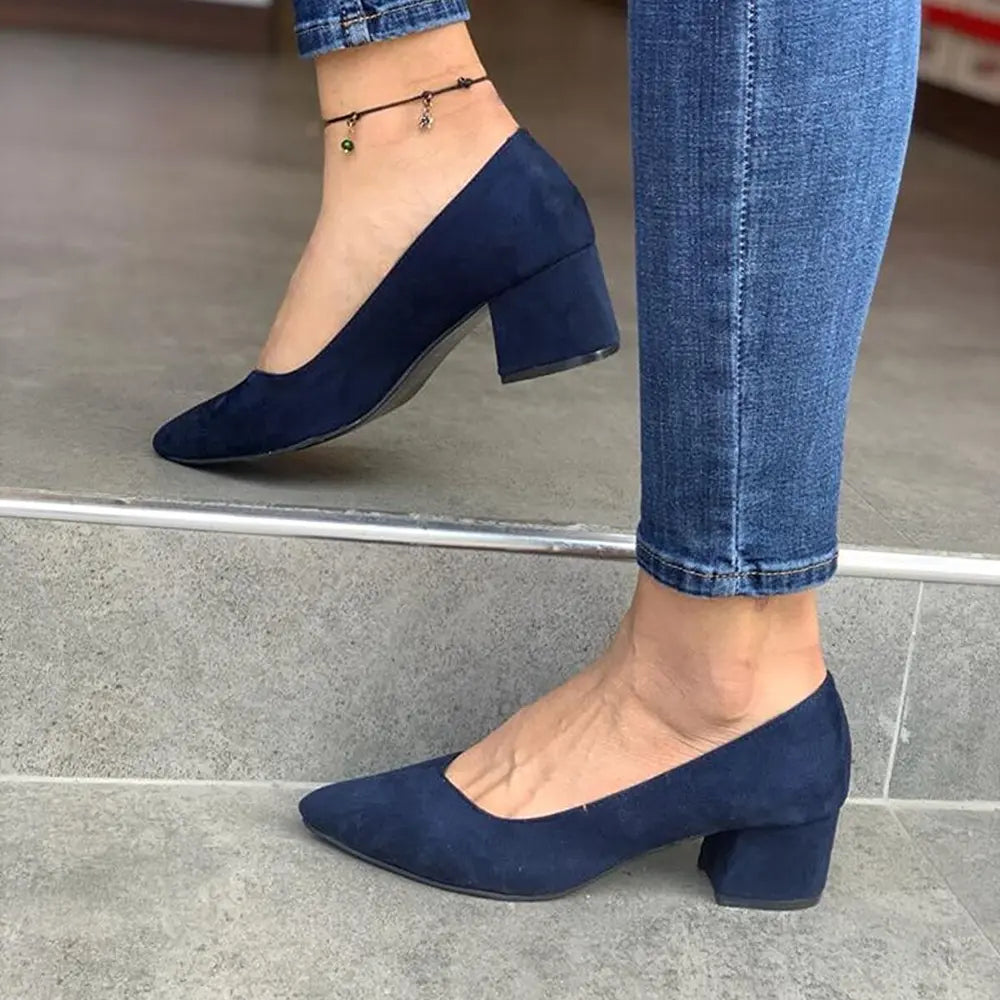 Navy Blue Suede Low Heels Shoes RA-162