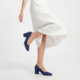Navy Blue Suede Low Heels Shoes RA-162