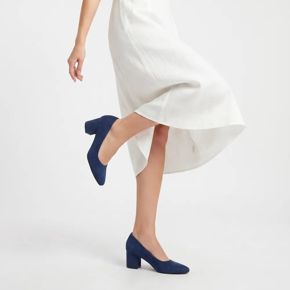 Navy Blue Suede Low Heels Shoes RA-162