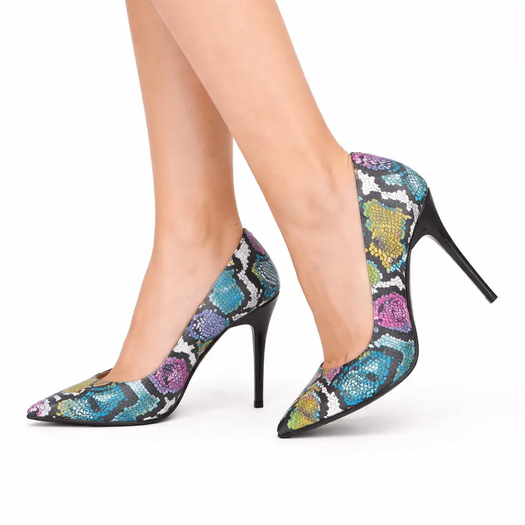 Mavi Baskı Stiletto Ayakkabı Çanta Takım RC-021
