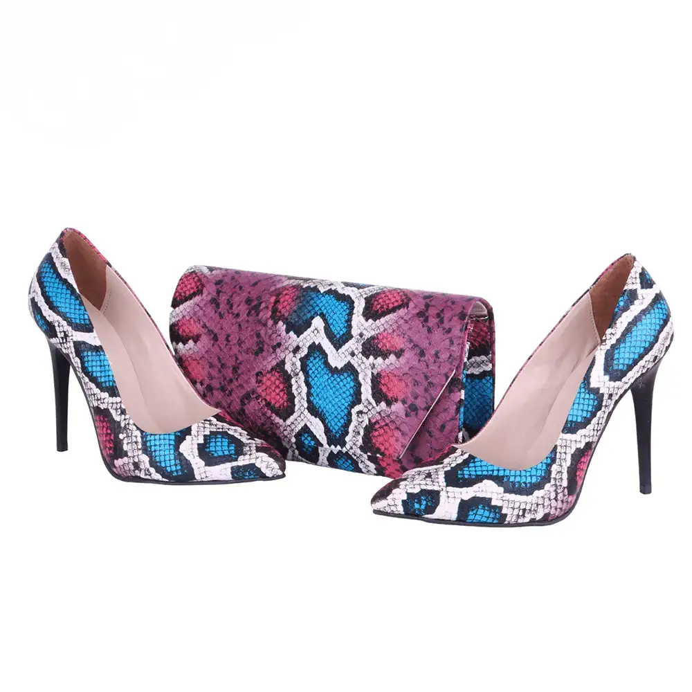 Pembe Baskı Stiletto Ayakkabı Çanta Takım RC-021