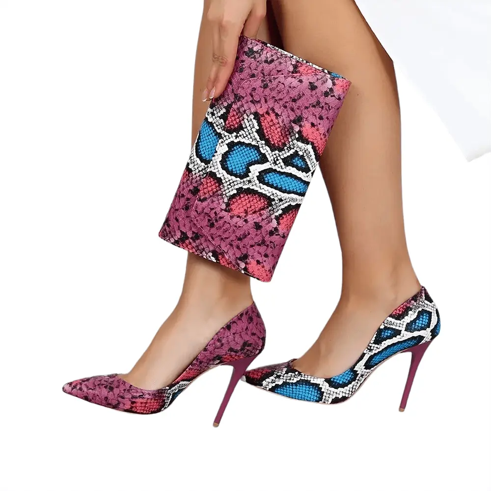 Pembe Baskı Stiletto Ayakkabı Çanta Takım RC-021