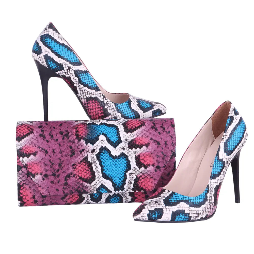 Pembe Baskı Stiletto Ayakkabı Çanta Takım RC-021