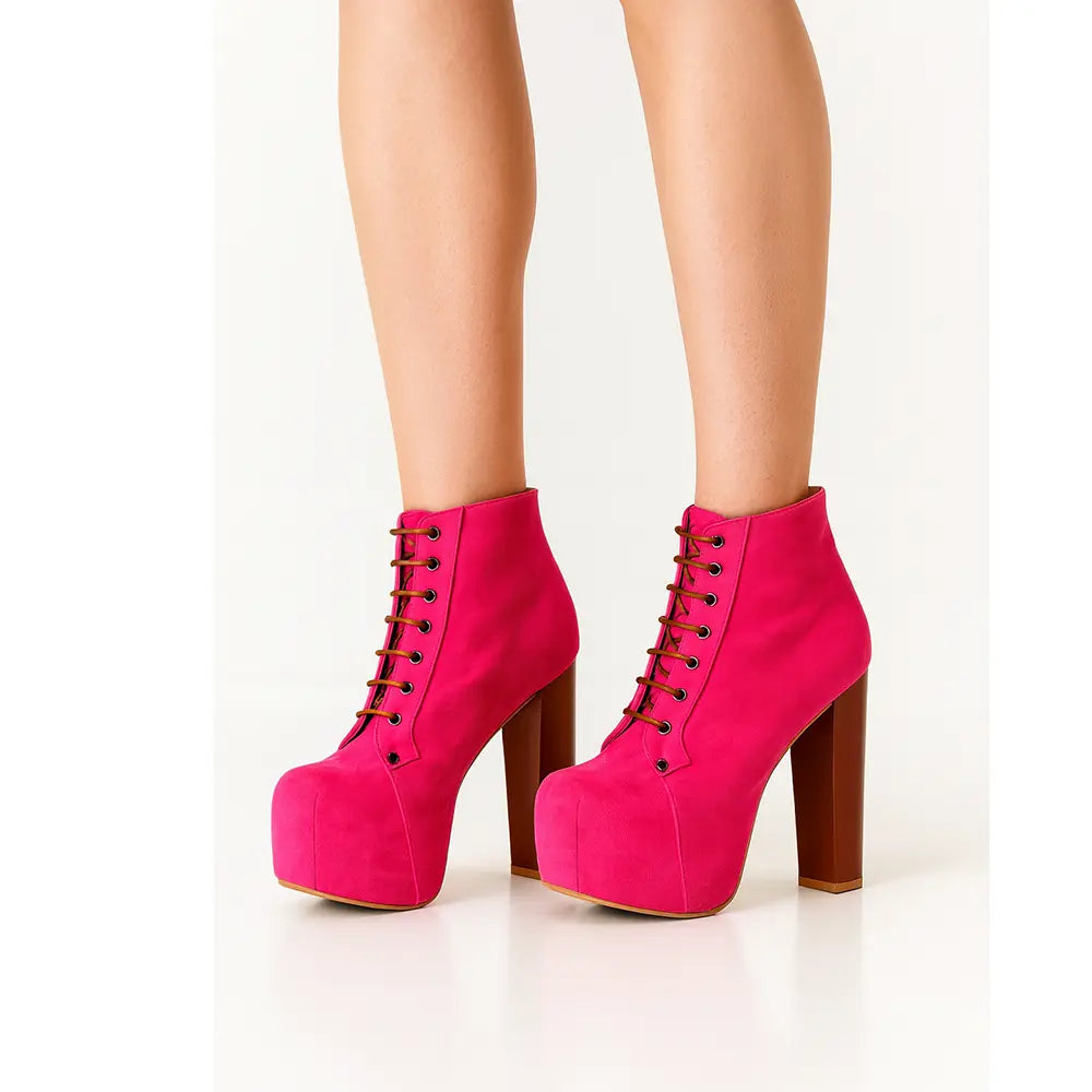 Pembe Süet Platform Topuklu Bağcıklı Bot RA-010