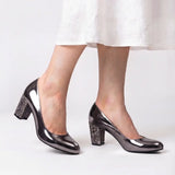 Platinfarbene Abendschuhe mit klobigem Absatz und Steindetails MA-048