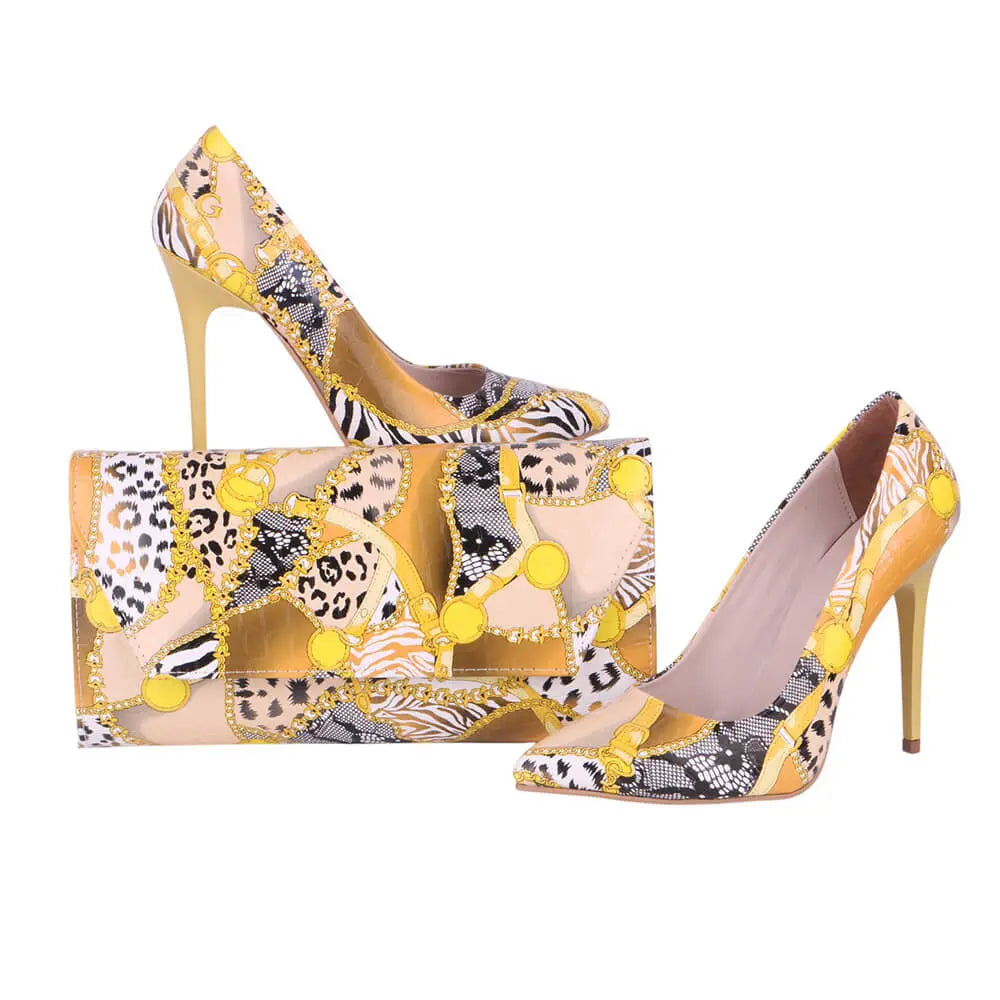 Sarı Baskı Stiletto Ayakkabı Çanta Takım RC-021