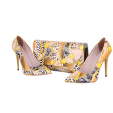 Sarı Baskı Stiletto Ayakkabı Çanta Takım RC-021