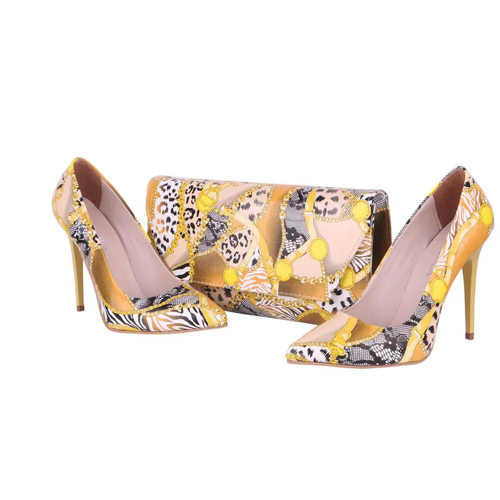 Sarı Baskı Stiletto Ayakkabı Çanta Takım RC-021