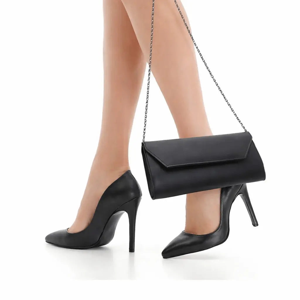 Siyah Cilt Stiletto Ayakkabı Çanta Takım RC-021