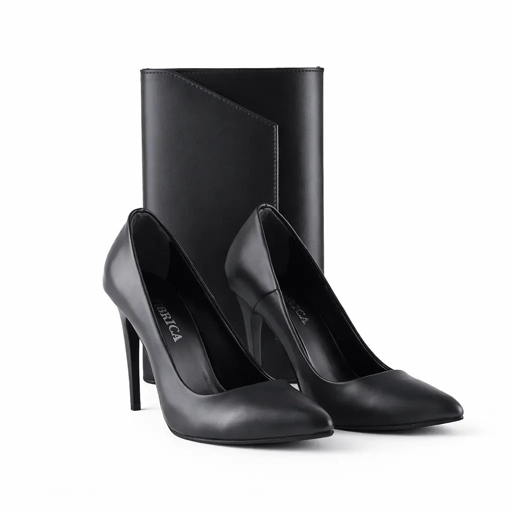 Siyah Cilt Stiletto Ayakkabı Çanta Takım RC-021