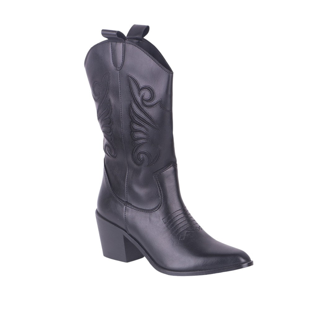 Black embroidered cowboy boots, left side view
