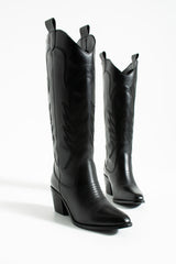 Black embroidered knee high cowboy boots, back view, 6.5 cm heel