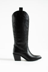 Black embroidered knee high cowboy boots, front view