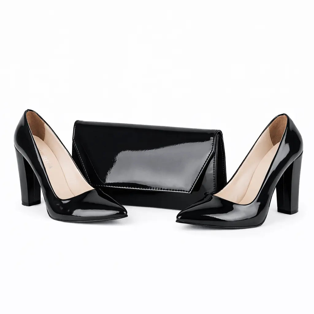 Siyah Rugan Kalın Topuklu Ayakkabı Çanta Takım RC-023