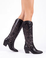 Siyah Zımbalı Nakışlı Western Çizme TU-032