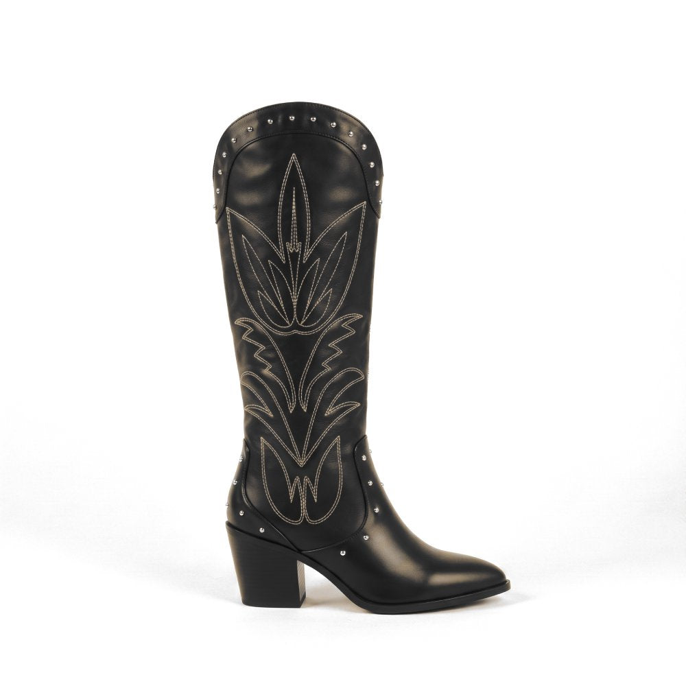 Siyah Zımbalı Nakışlı Western Çizme TU-032