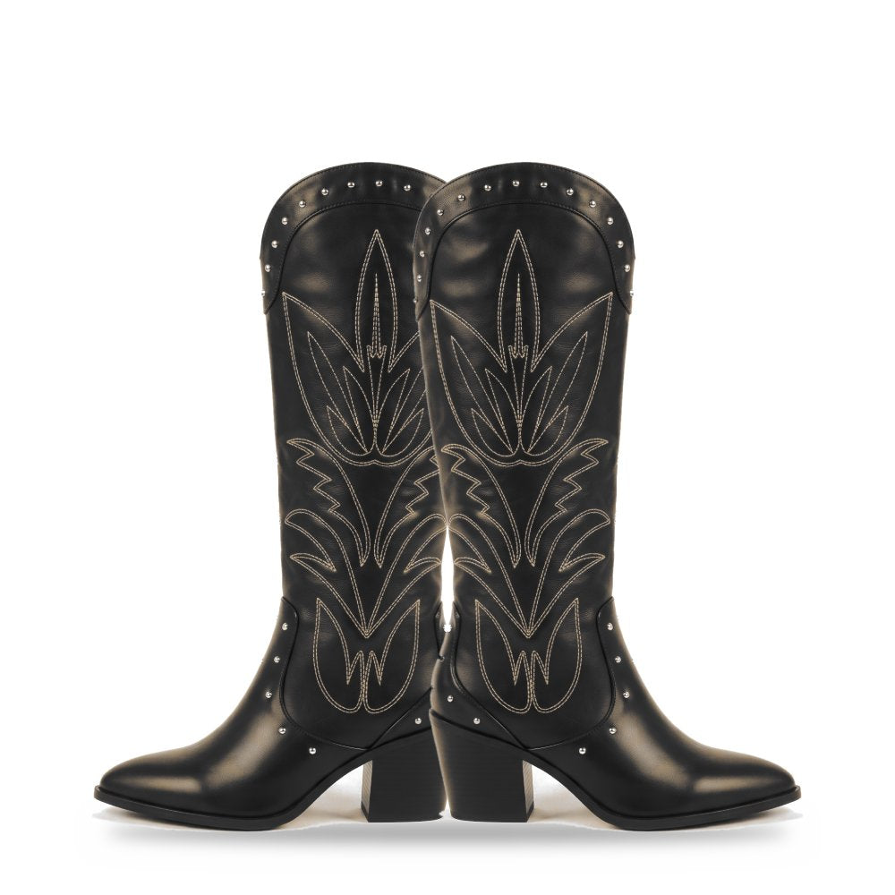 Siyah Zımbalı Nakışlı Western Çizme TU-032