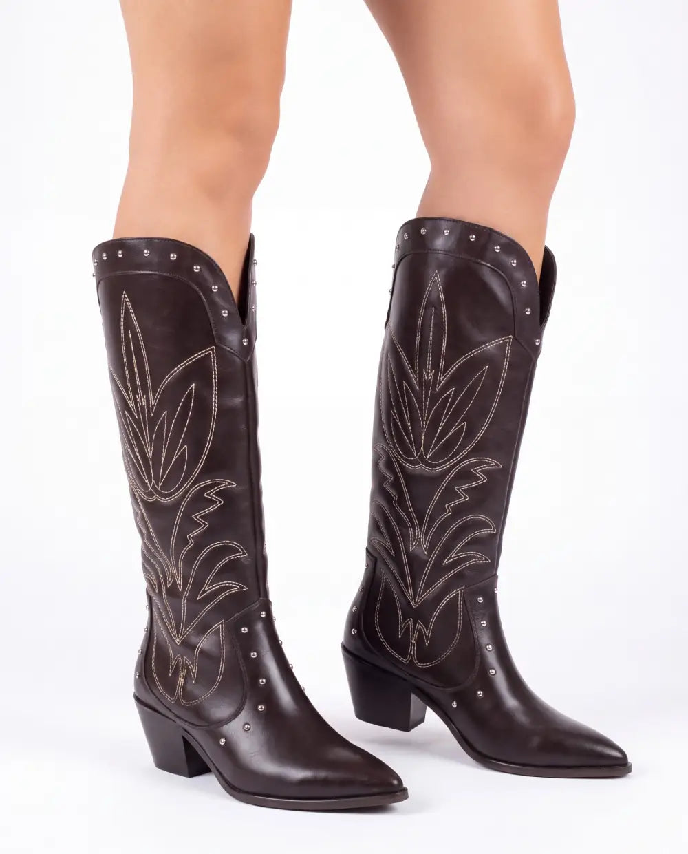 Kahve Zımbalı Nakışlı Western Çizme TU-032