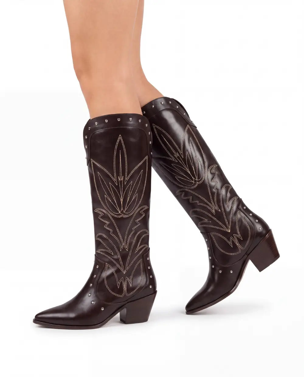Kahve Zımbalı Nakışlı Western Çizme TU-032